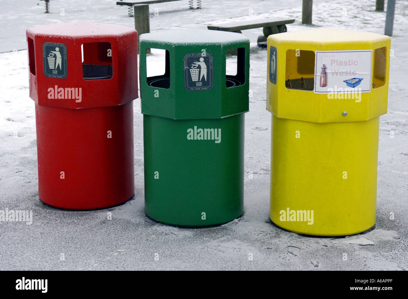 recycling bins waste disposal frozen colour color green yellow plastic rubbish refuse wastage