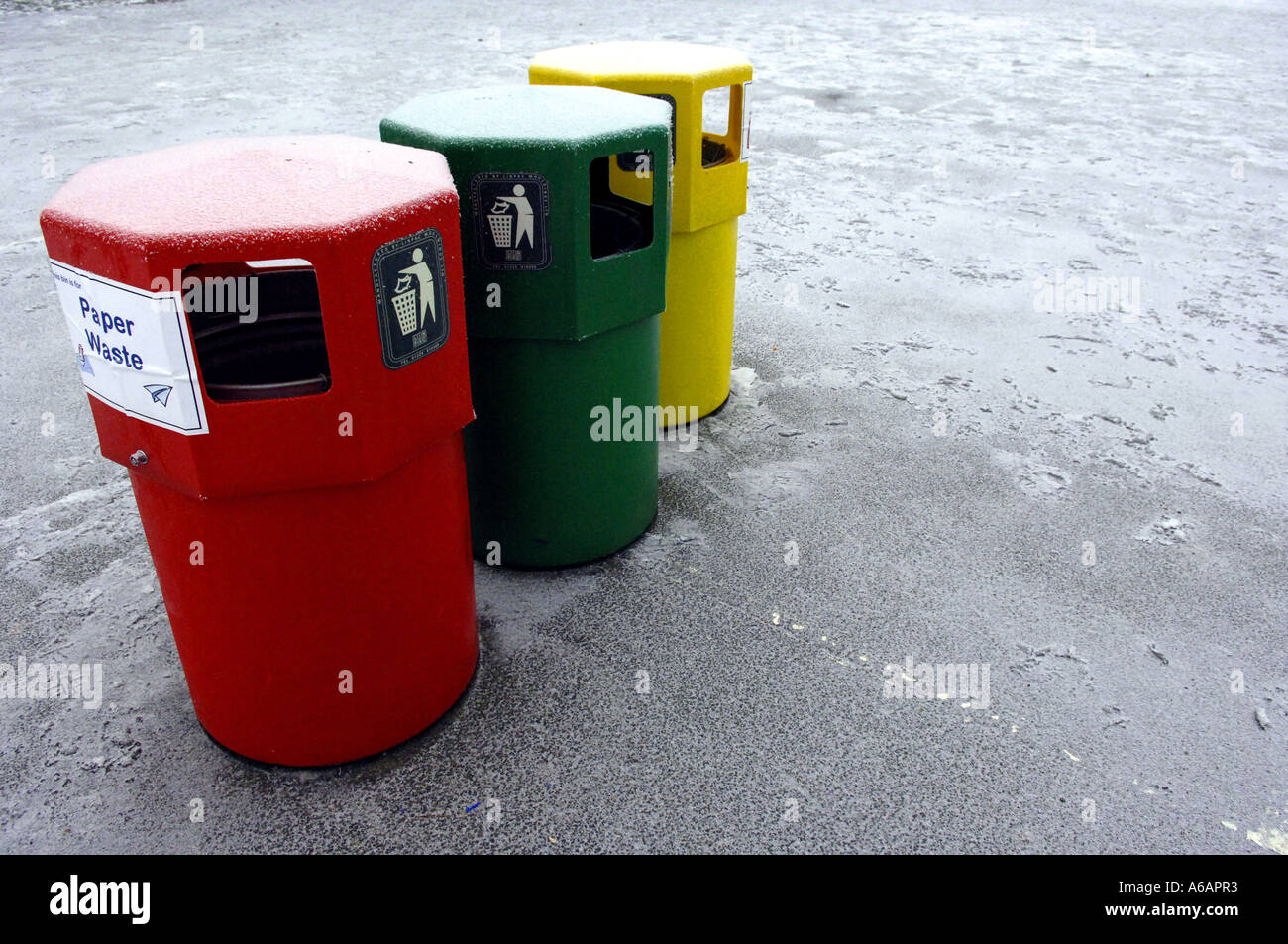 recycling bins waste disposal frozen colour color green yellow plastic rubbish refuse wastage