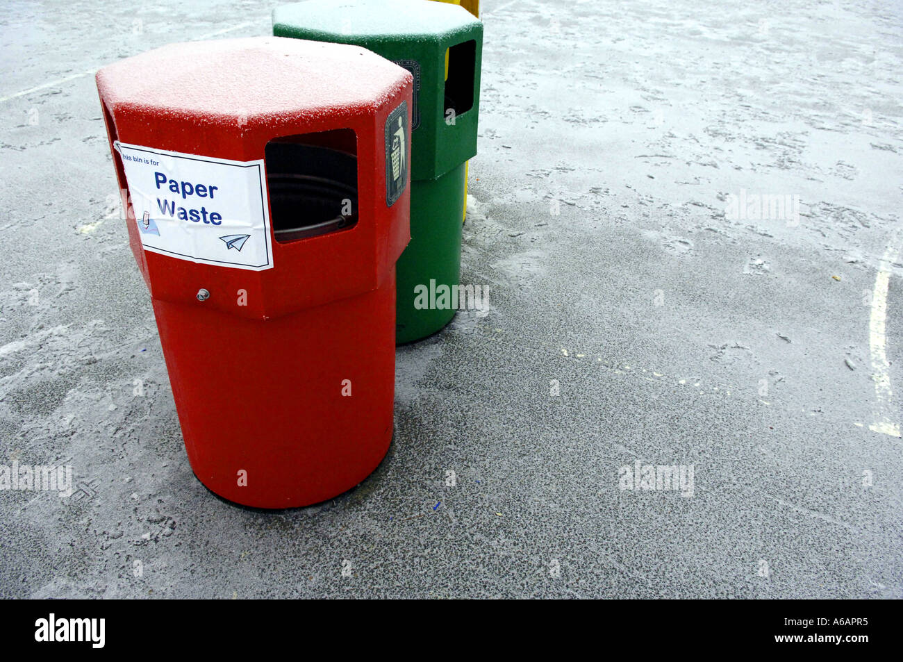 recycling bins waste disposal frozen colour color green yellow plastic rubbish refuse wastage