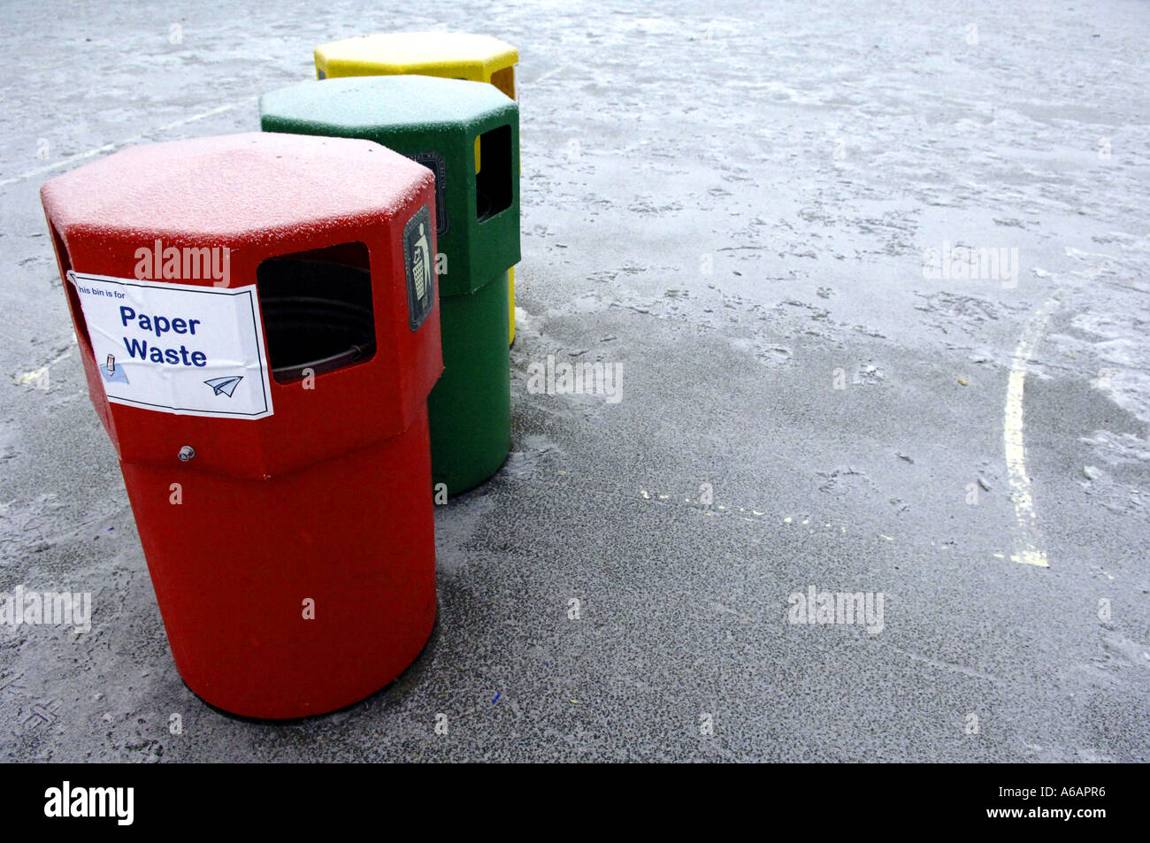 recycling bins waste disposal frozen colour color green yellow plastic rubbish refuse wastage