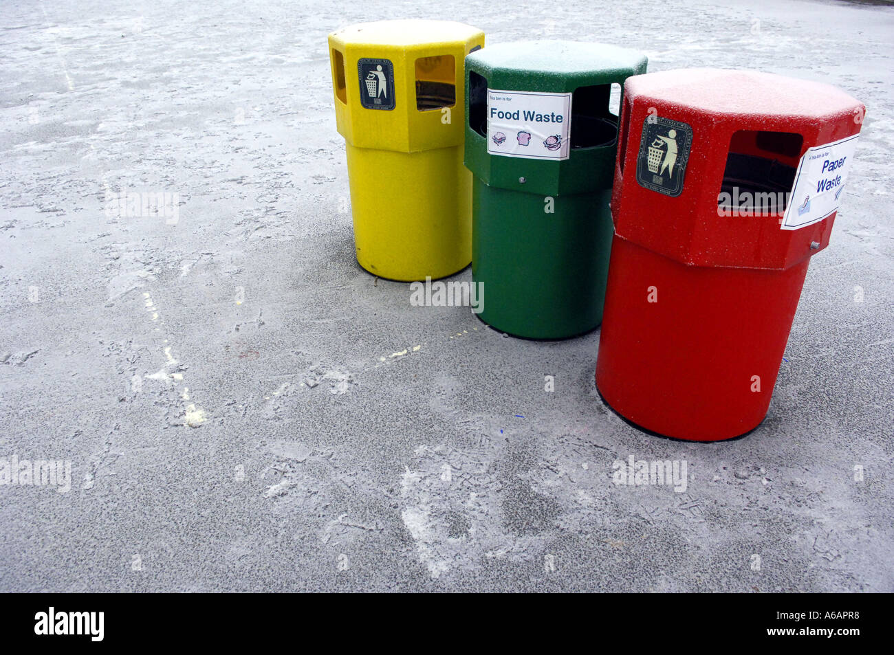 recycling bins waste disposal frozen colour color green yellow plastic rubbish refuse red Stock