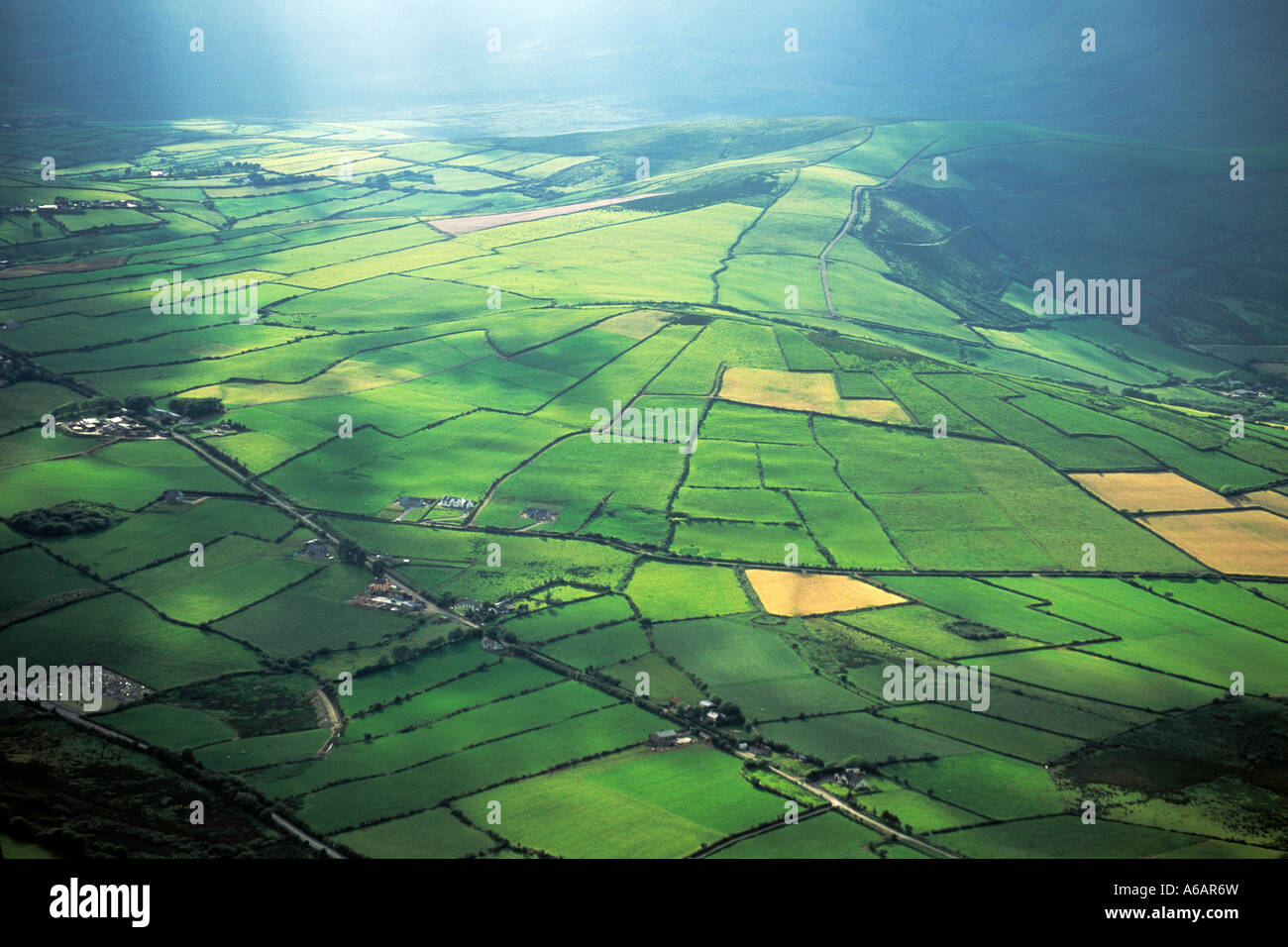 ireland, county kerry, dingle peninsula, aerial view of irsih farm land