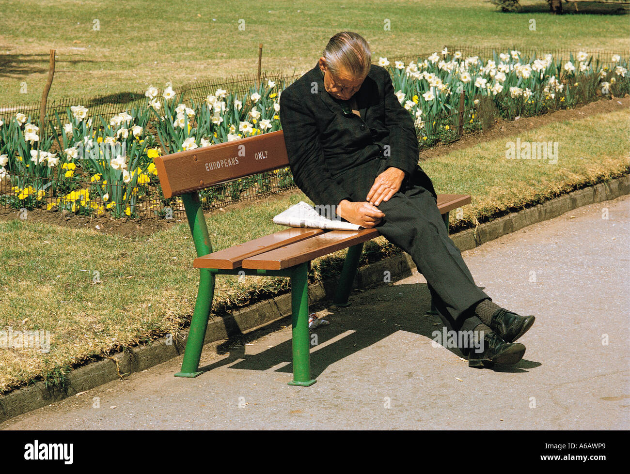 Elderly white man sleeping on EUROPEANS ONLY park bench in Joubert Park in Johannesburg South Africa Taken in 1973 Stock Photo