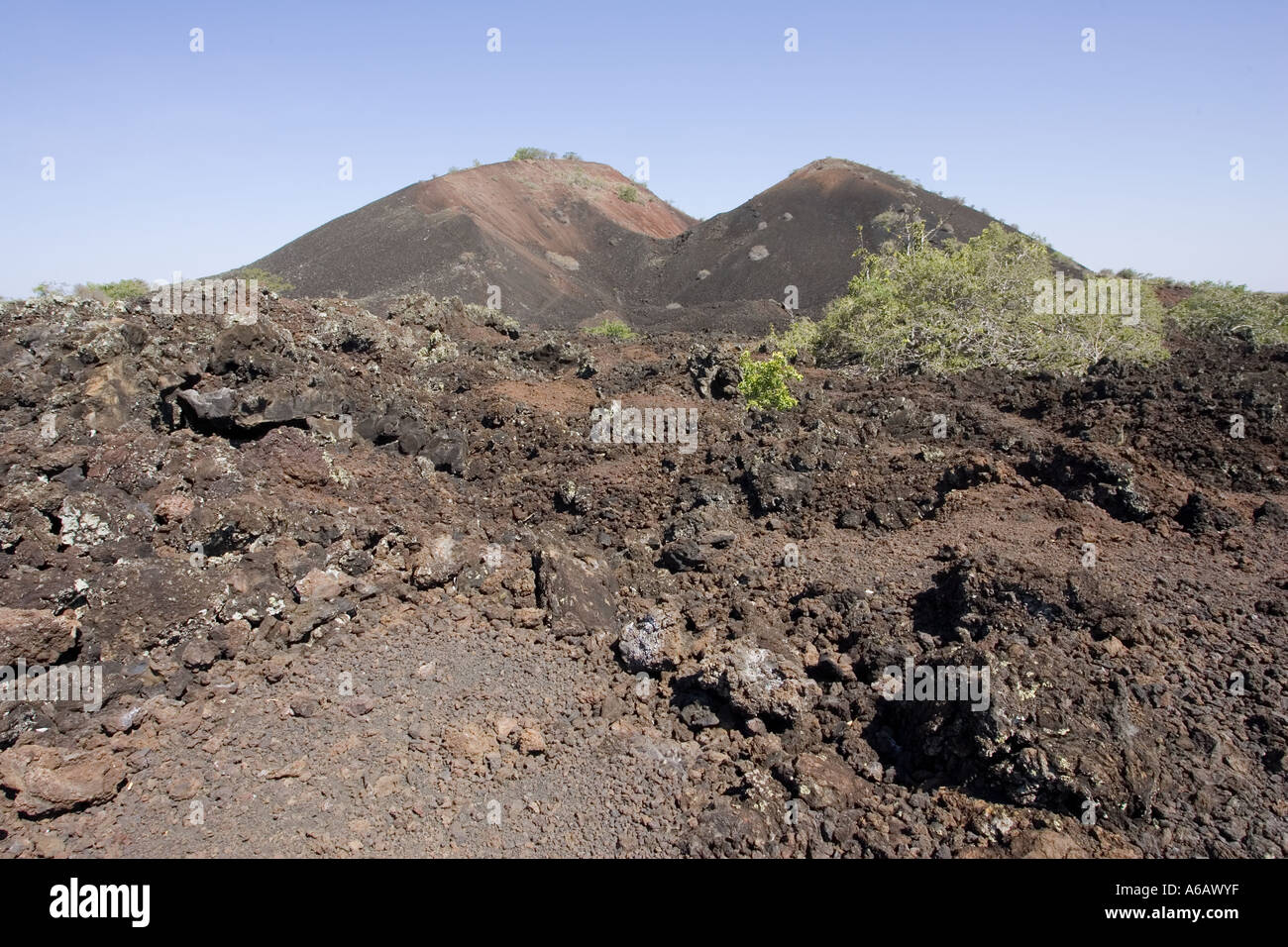 Chaimu lava flow with volcanic cones in background Tsavo National Park West Kenya East Africa Stock Photo