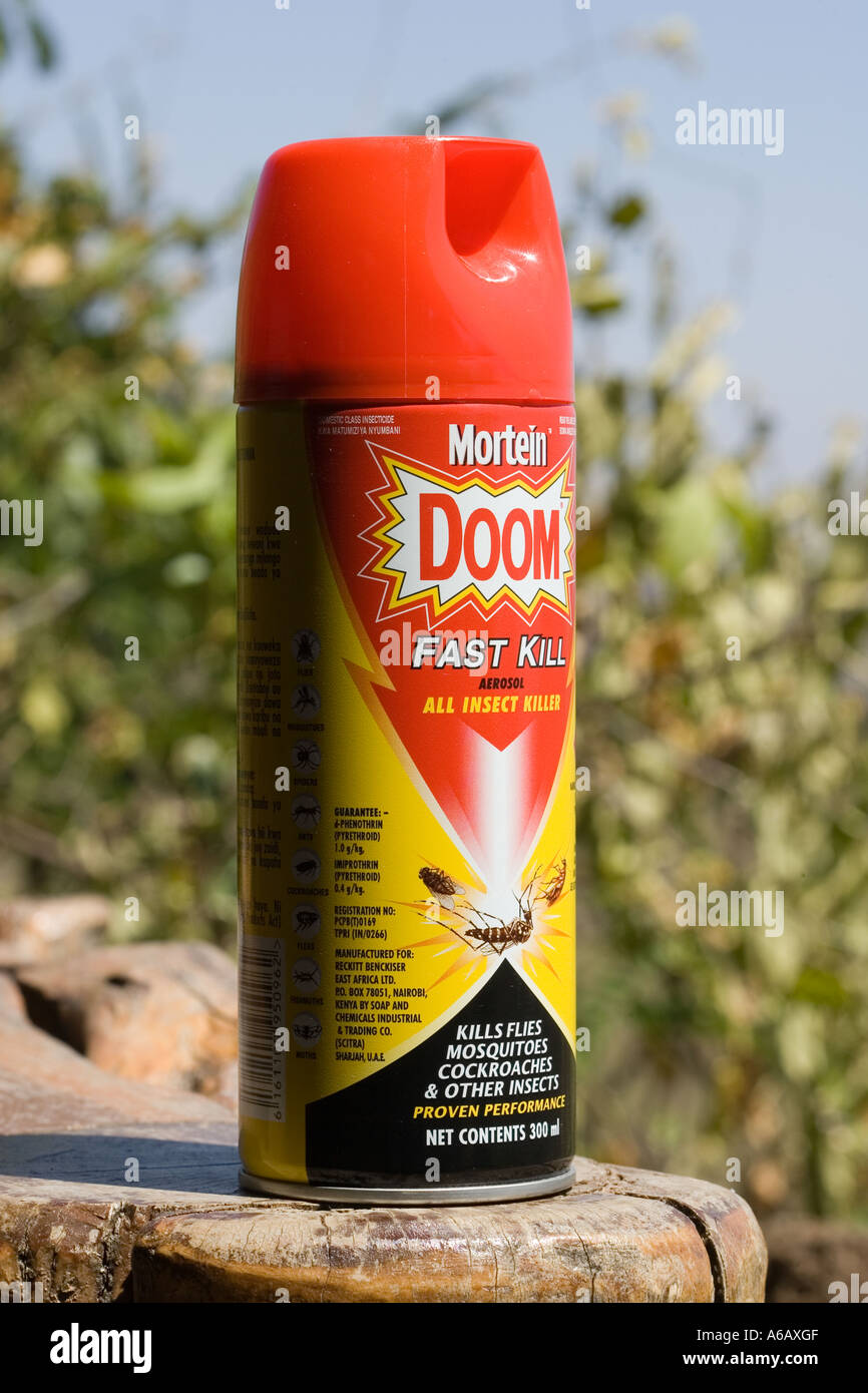 Tin of Doom insecticide containing pyrethrum Kenya East Africa Stock Photo
