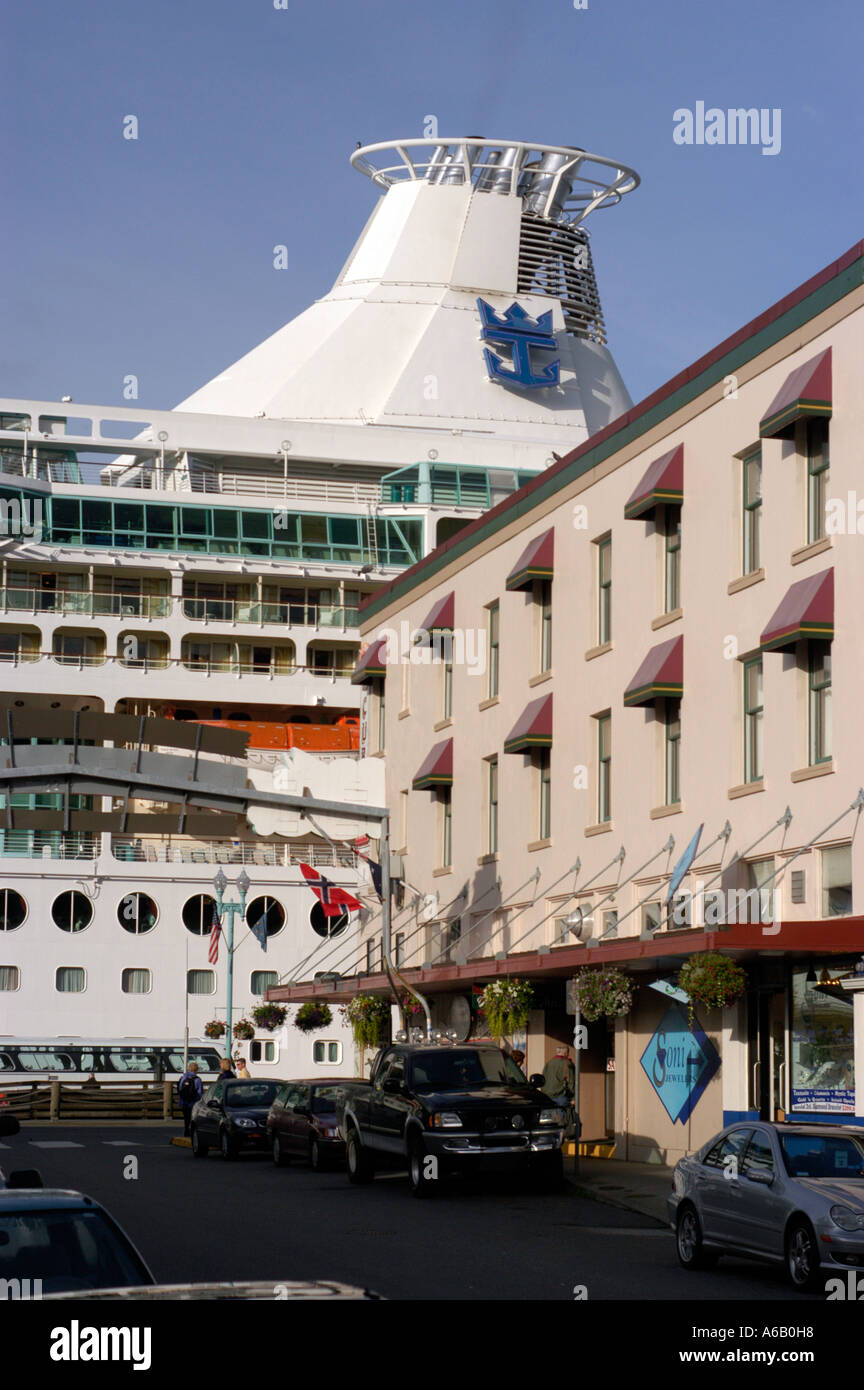 View of Ketchikan with cruise ship in port Ketchikan Alaska United