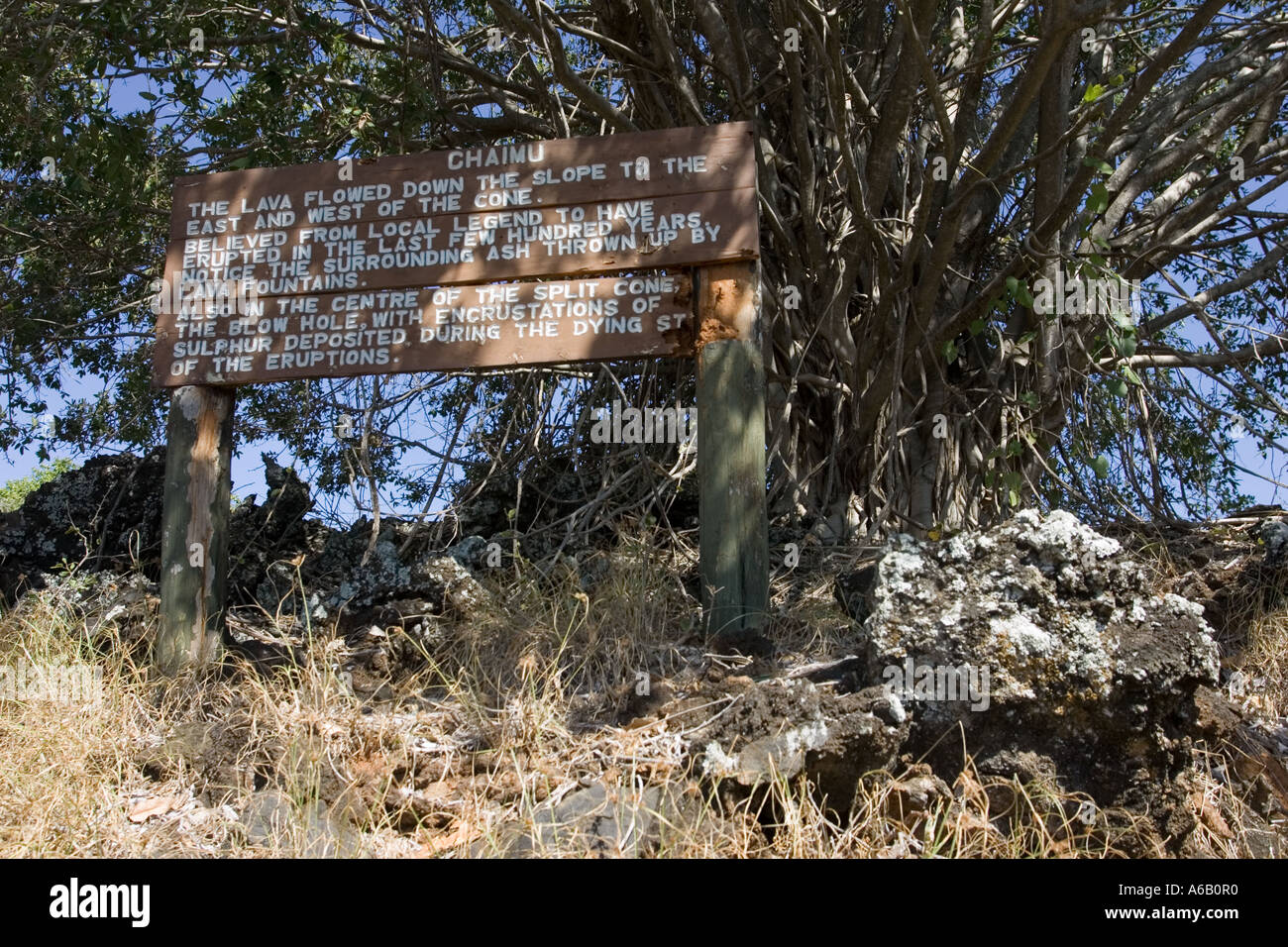 Information signboard at edge of Chaimu lava flow in Tsavo National Park West Kenya East Africa Stock Photo
