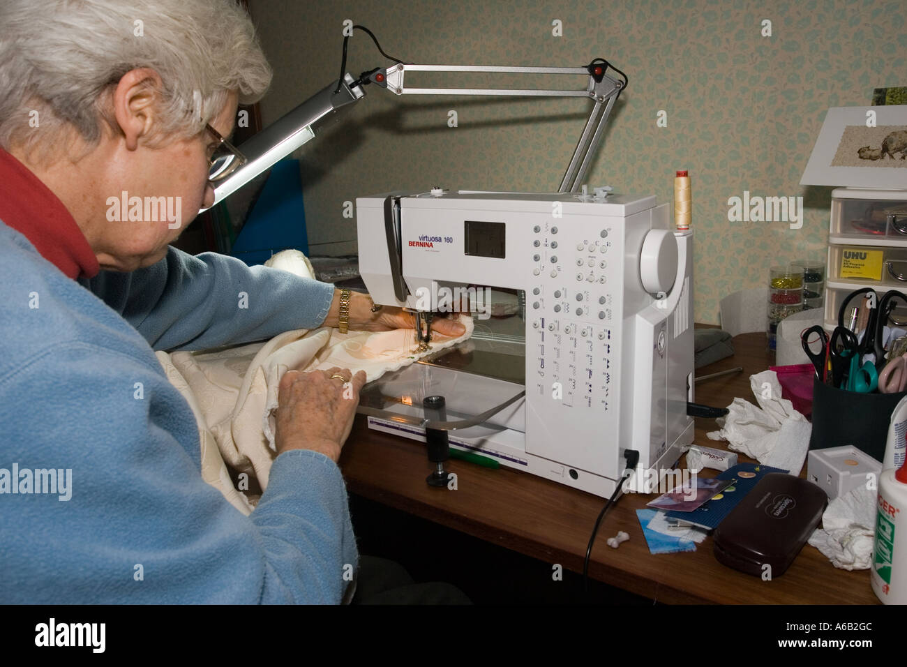 Seamstress making curtains on Bernina Virtuosa 160 electric sewing