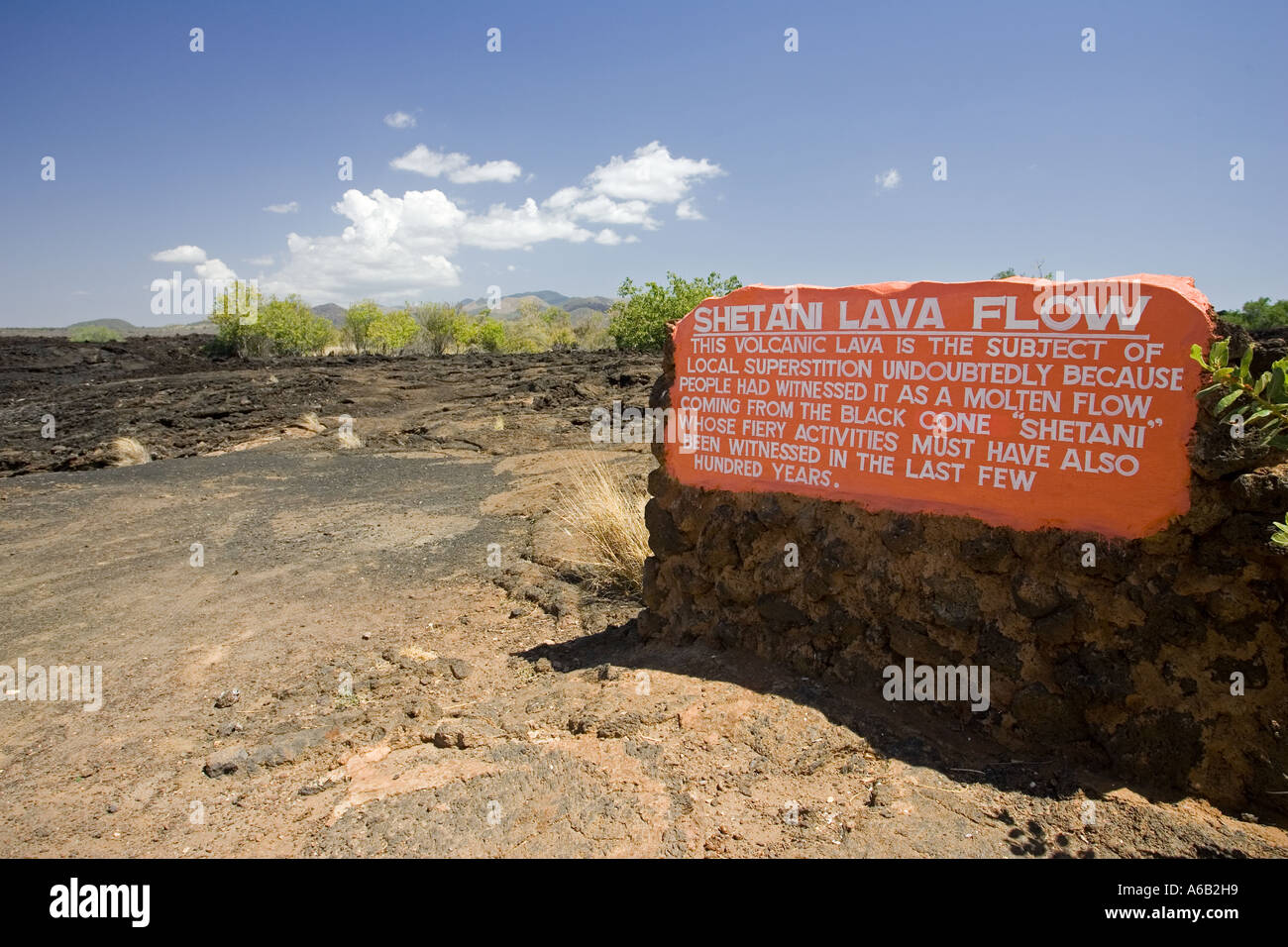 Information sign Shitani lava flow with volcanic cones of Chyulu Hills Tsavo National Park West Kenya East Africa Stock Photo