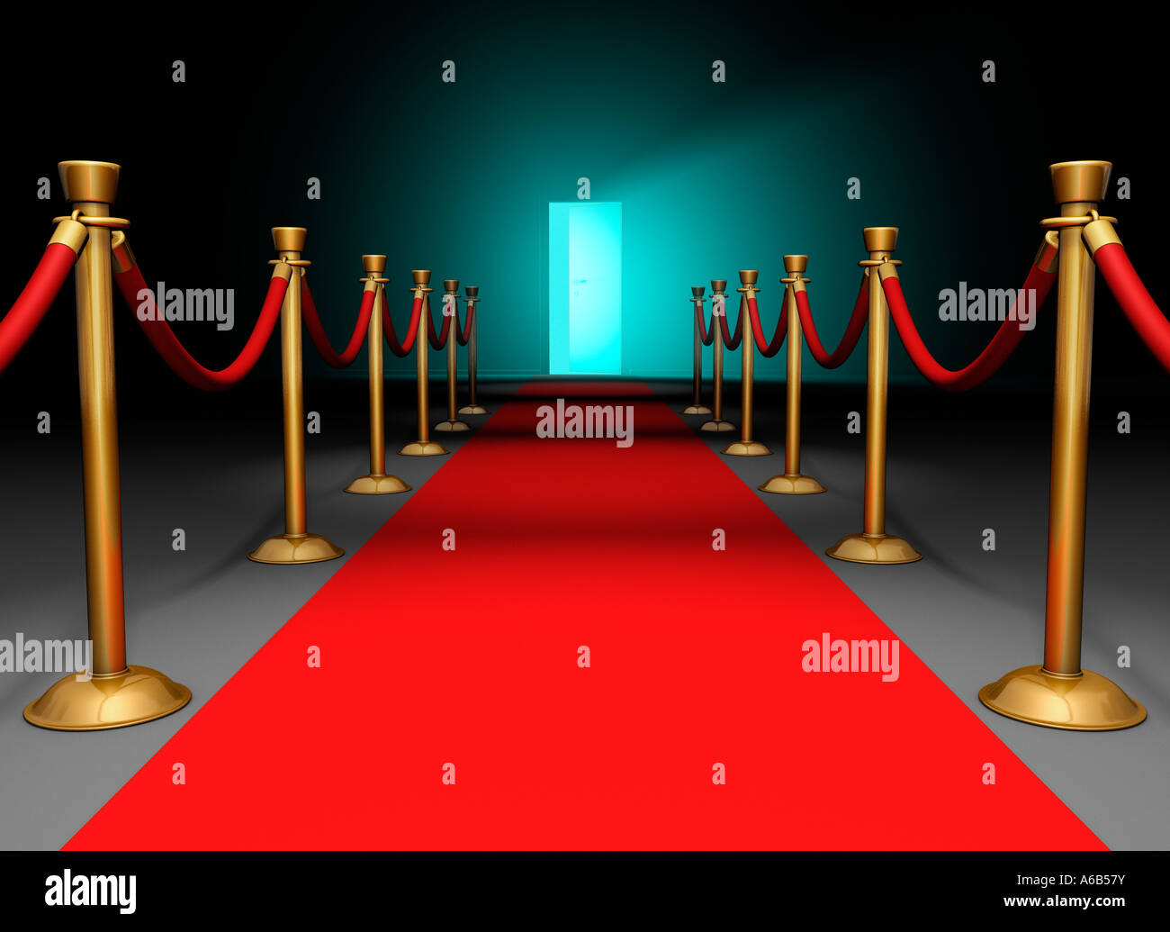 red carpet with securing out of the entrance there comes a ray of light entry access roter Teppich celebrity walk Stock Photo