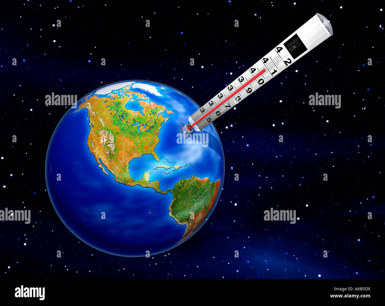 thermometer in planet earth symbol of fever weather meteorology temperature heat global warming greenhouse effect Stock Photo