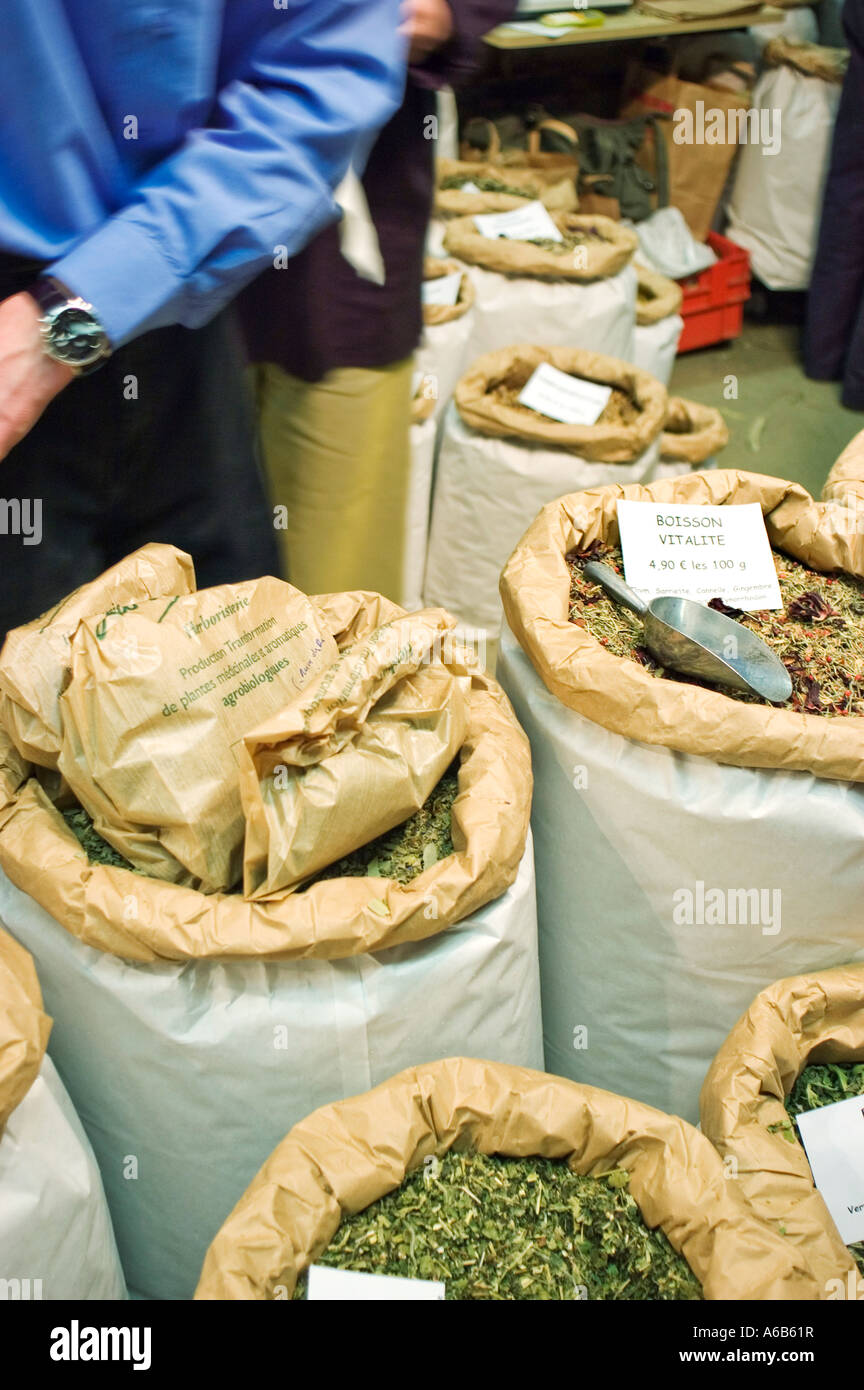 Medicinal Herbs for sale in Bulk at Paris Organic Trade Show, detail Equitable Commerce Shop Stock Photo