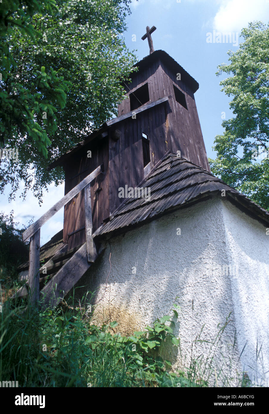 Slovakia wooden glocktower in Podzamok Stock Photo