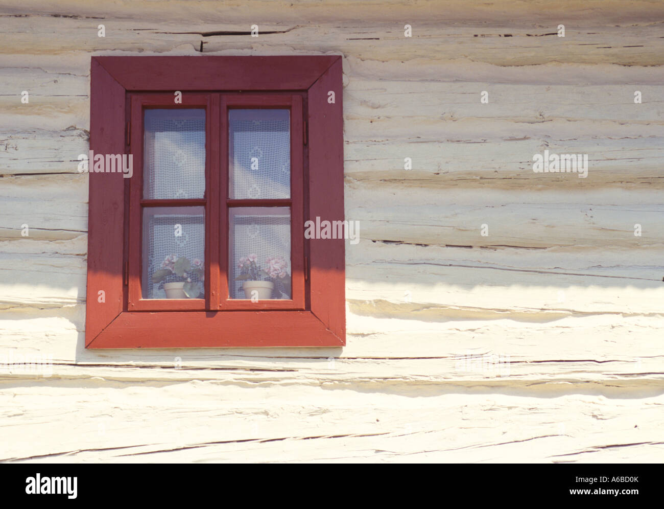 Slovakia, window in typical wooden house at Vlkolínec Stock Photo