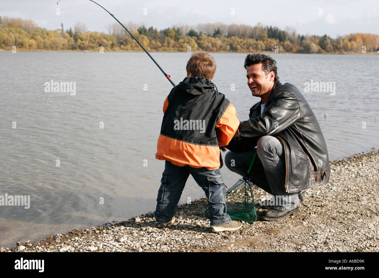 Father with Son Fishing Stock Photo