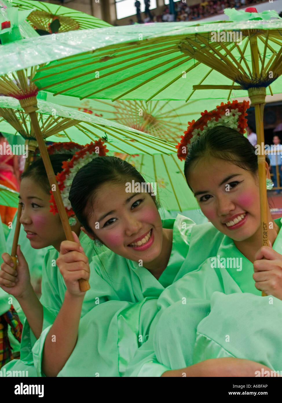 smiling Pinoys Kimono clad gals at the Sinulog Festival Cebu Philippines Stock Photo