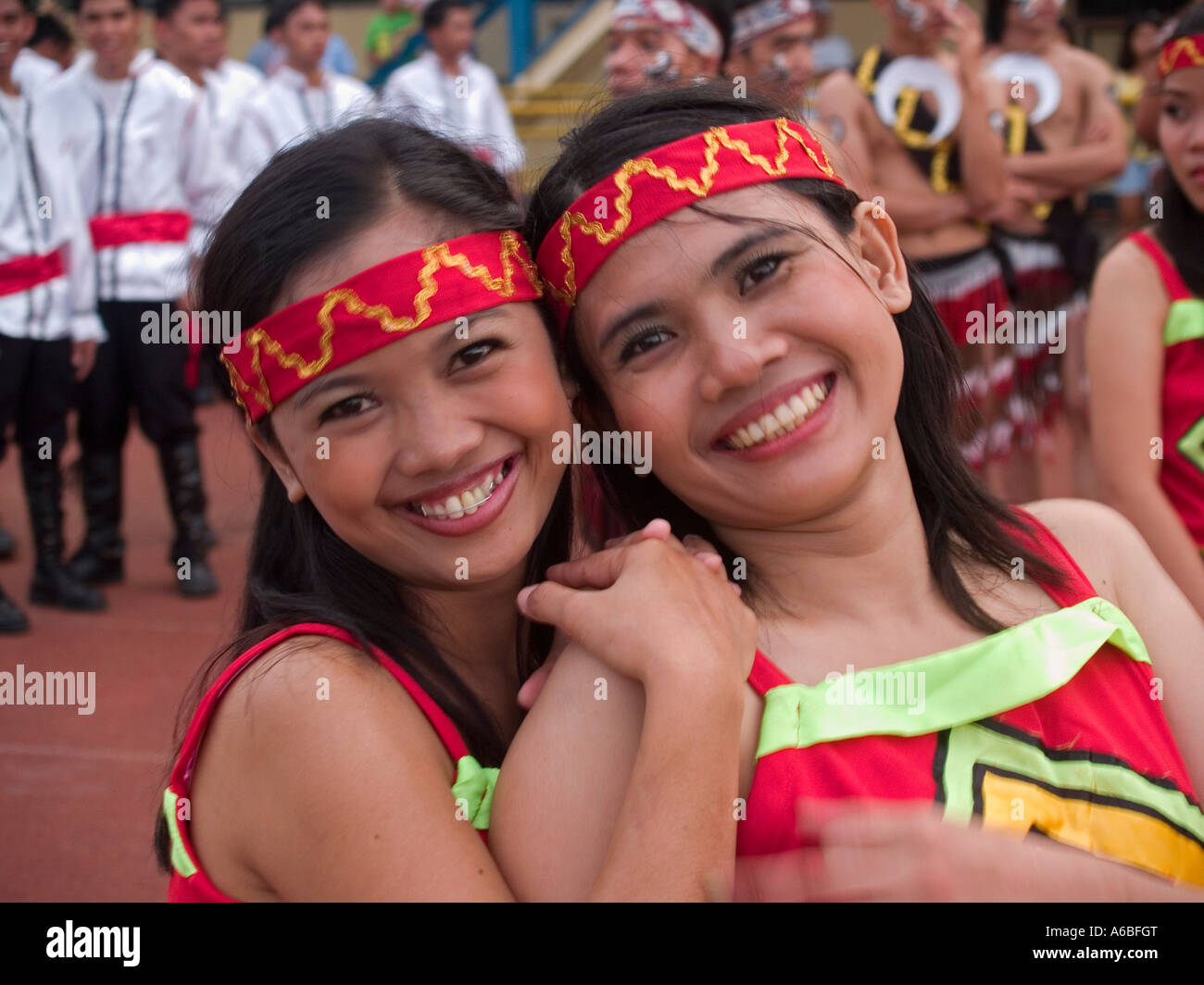 Filipina dancers pause to smile Sinulog Festival Cebu Philippines Stock Photo