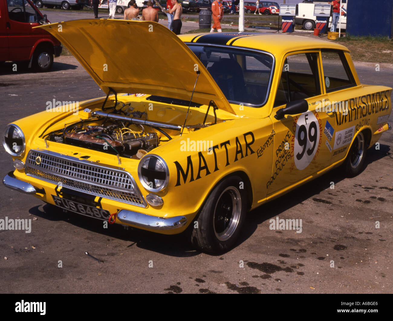 Mark 1 Ford Lotus Cortina prepared for racing at Cadwell Park near Louth in Lincolnshire Stock Photo