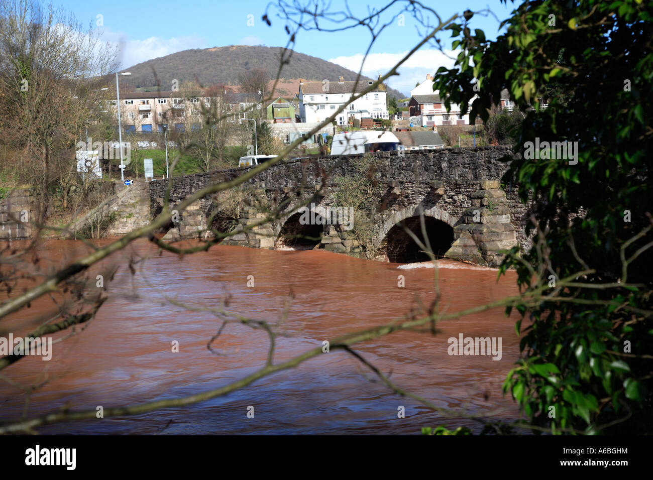 Flooded River Usk at Usk road bridge in Abergavenny in Monmouthshire in ...