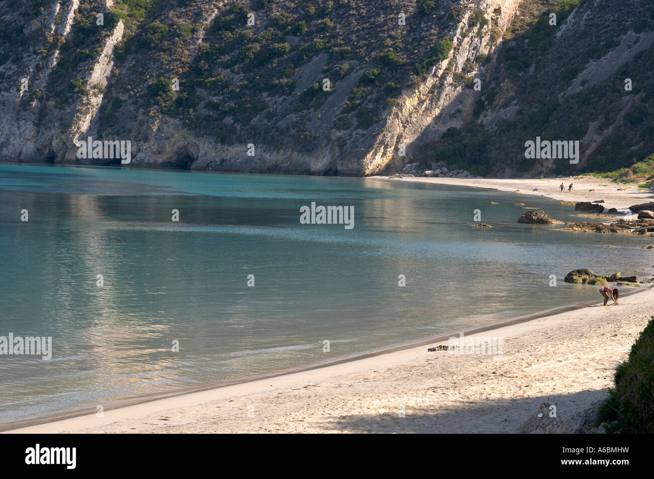 Cefalonia island beach next to the airport in the Ionio Pelagos in Greece. Stock Photo