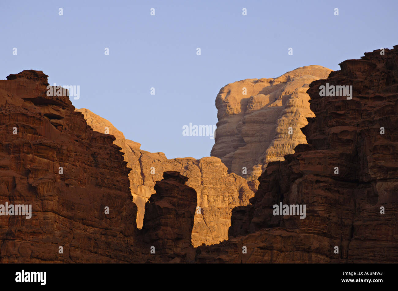 Early morning view towards Jebel Rum, the highest peak in Wadi Rum ...