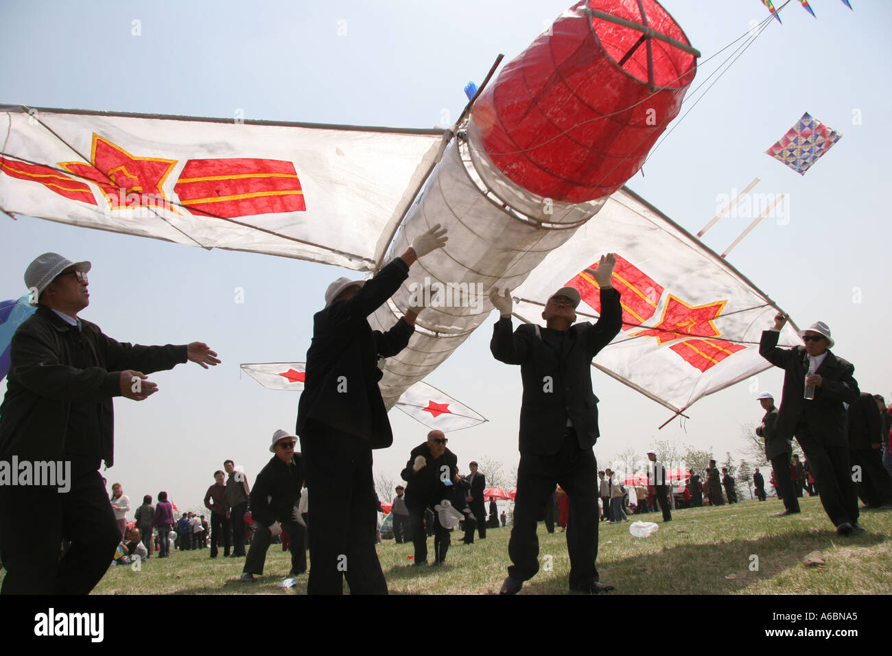 Chinese Kite flyers launch aeroplane kite Weifang China Kite Festival