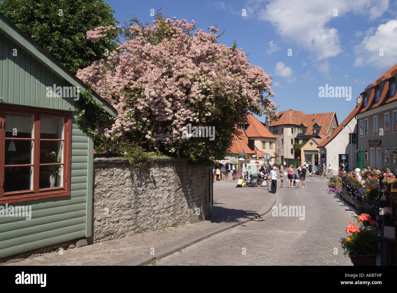 Cobbled lane and Cafe Visby Gotland Sweden Stock Photo