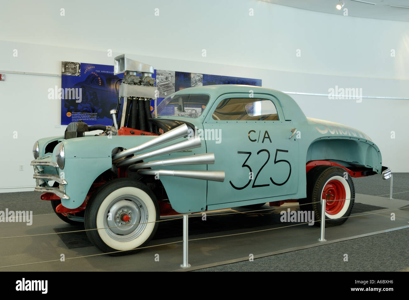 1949 High and Mighty Plymouth business coupe drag race car replica at the Walter P Chrysler Museum in Auburn Hills Michigan Stock Photo