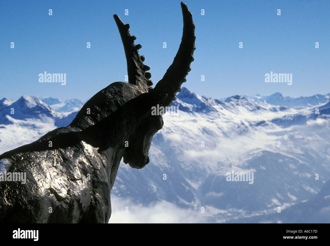 Switzerland St Moritz mountain goat sculpture at top of Piz Nair ski run Stock Photo