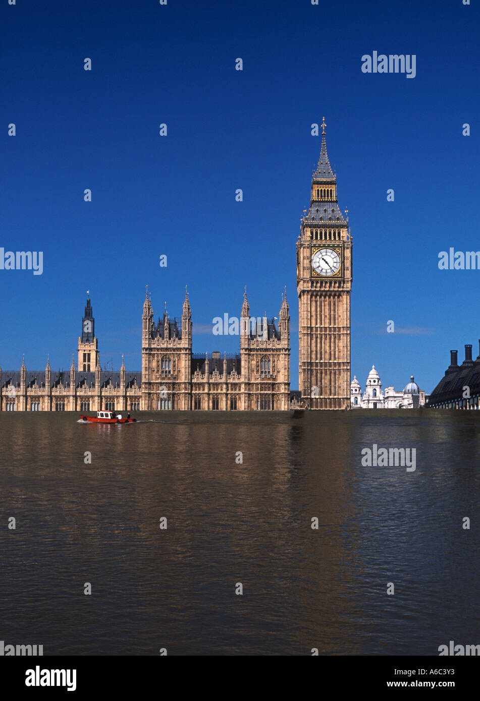 Manipulated Image: Big Ben and the Houses of Parliament inundated by the River Thames in severe flood, London, England Stock Photo