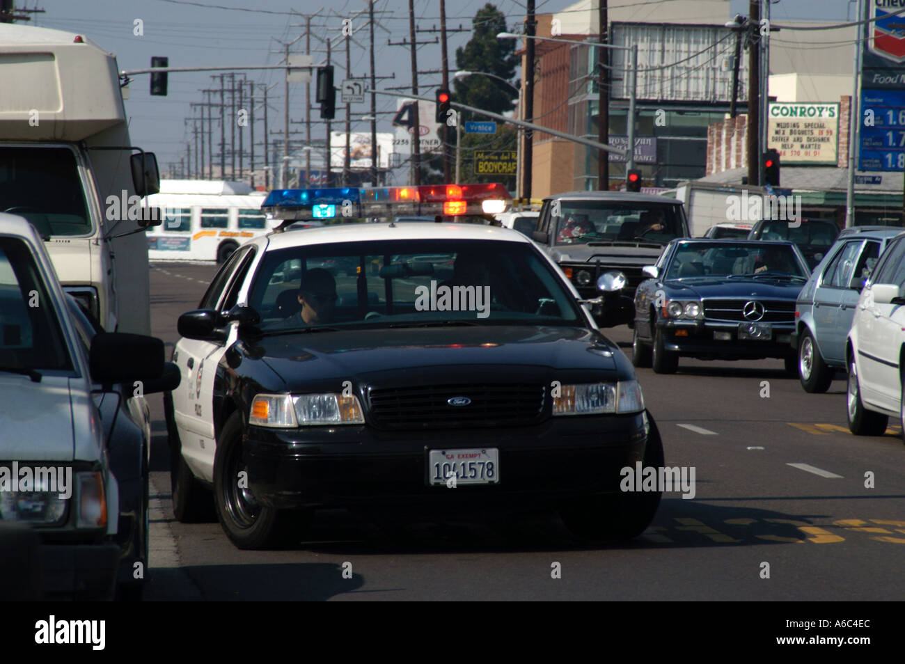 LA police car with flashing lights Stock Photo