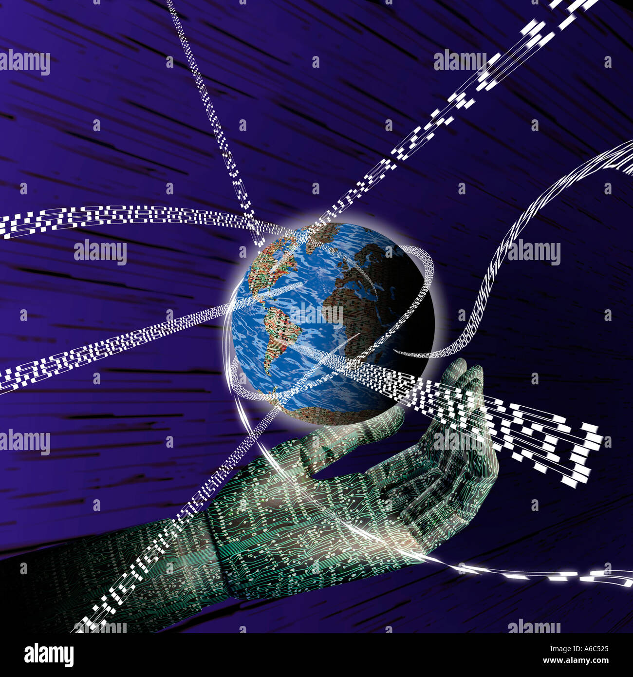 Digital world held by a digital hand with information connection Stock Photo