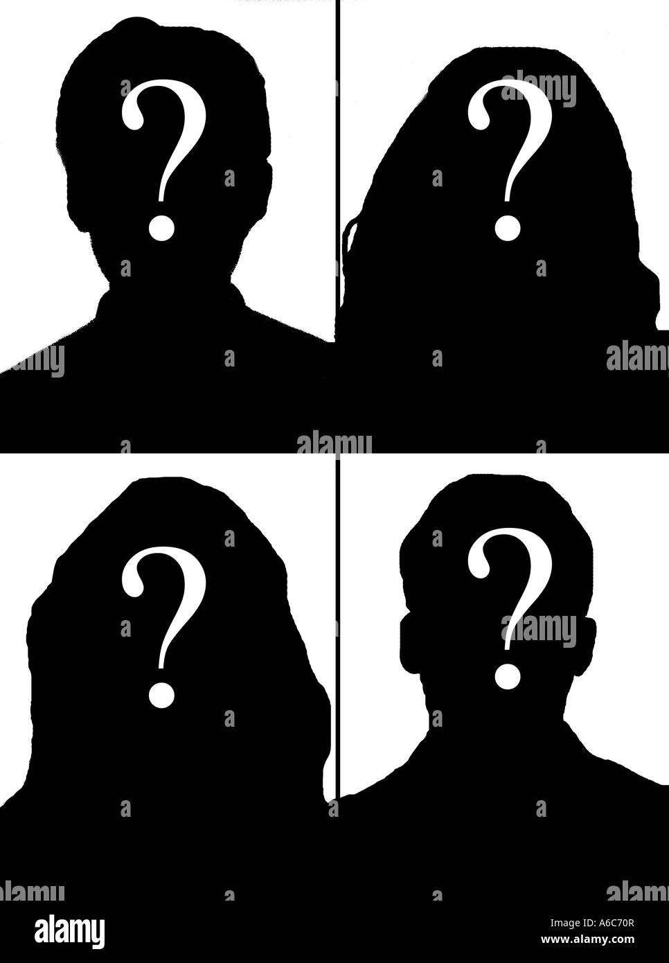 silhouette of male and female heads with question mark composited over faces Stock Photo