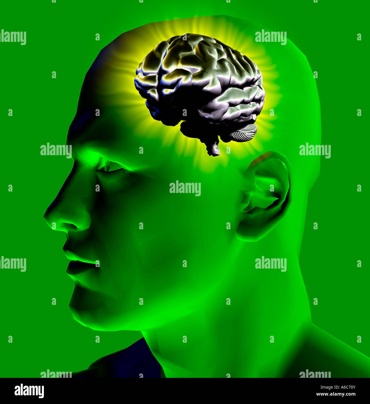 conceptual futuristic 3D computer generated bionic male robot head with ...