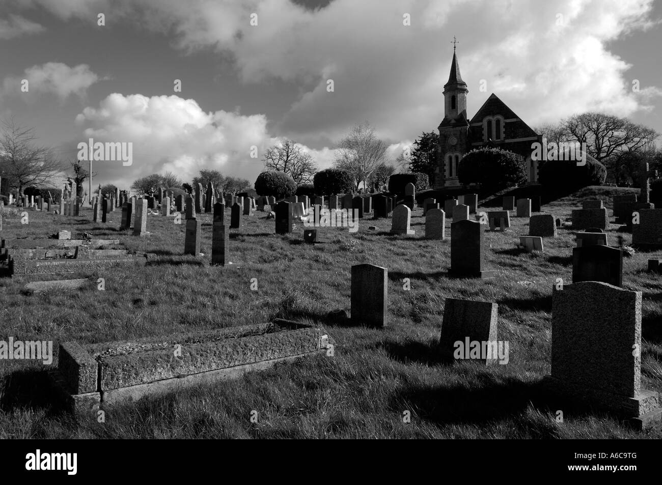 Monochrome image of the cemetary and chapel at Ogwell Cross in Newton Abbot South Devon England Stock Photo