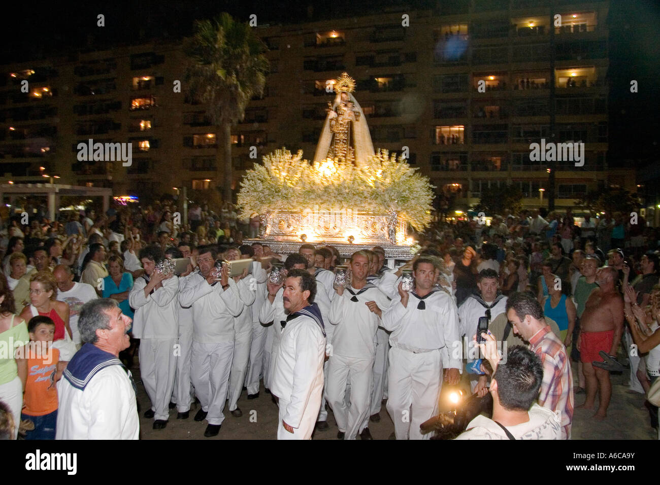 marine procession of the virgin of carmen in fuengirola Malaga coast of ...