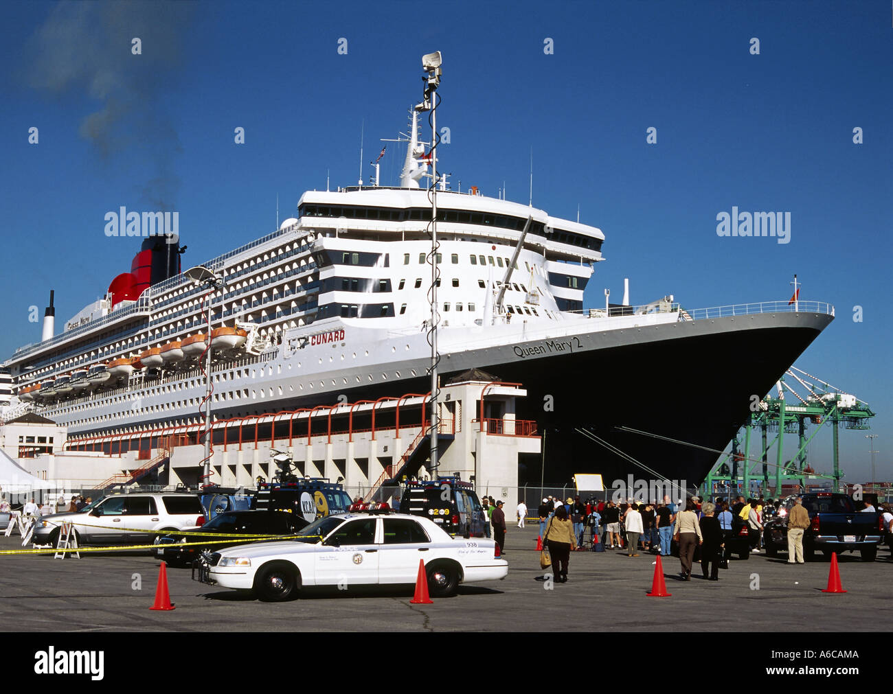 Queen mary 2 docked at berth 87 in San Pedro, California Stock Photo