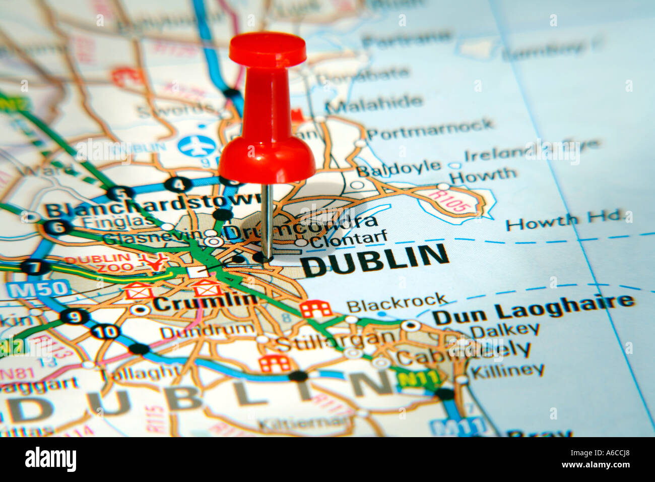 map pin pointing to dublin ireland on a road map stock photo