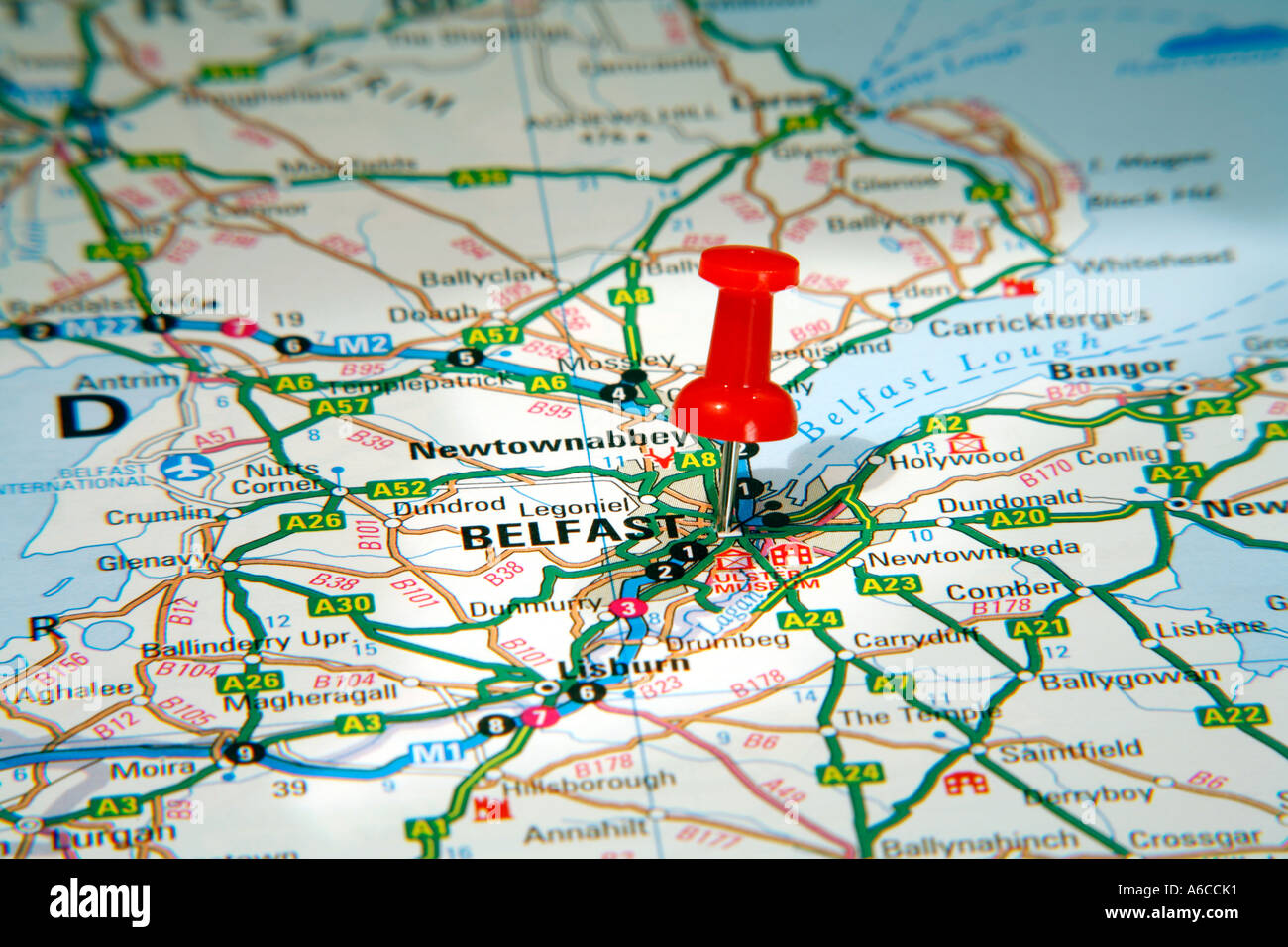 Map Pin pointing to Belfast , Northern Ireland on a road map Stock Photo