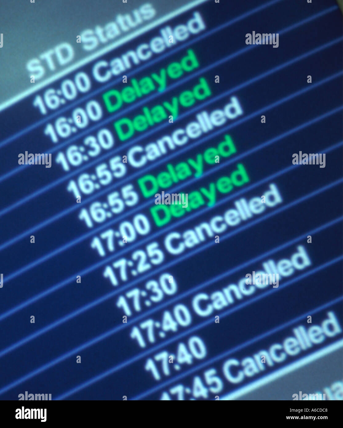 Screen in Airport Lounge showing delays Stock Photo