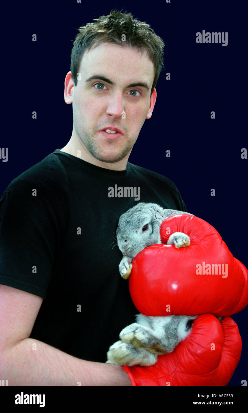 Thumper and Boxer. A young man wearing red boxing gloves holding his pet rabbit. Stock Photo