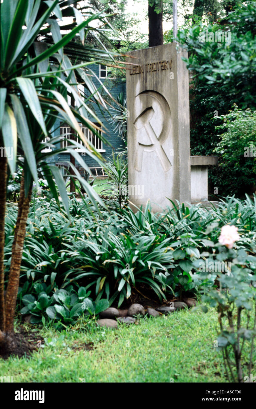 Tombstone of Leon Trotsky in the garden of his fortified house Mexico City Stock Photo