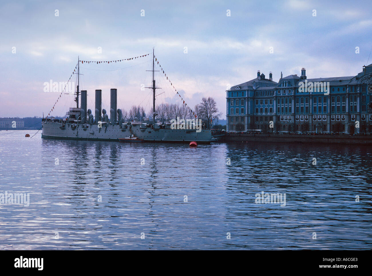 The historic battle cruiser Aurora at anchor in the River Neva St Petersburg Russia Stock Photo