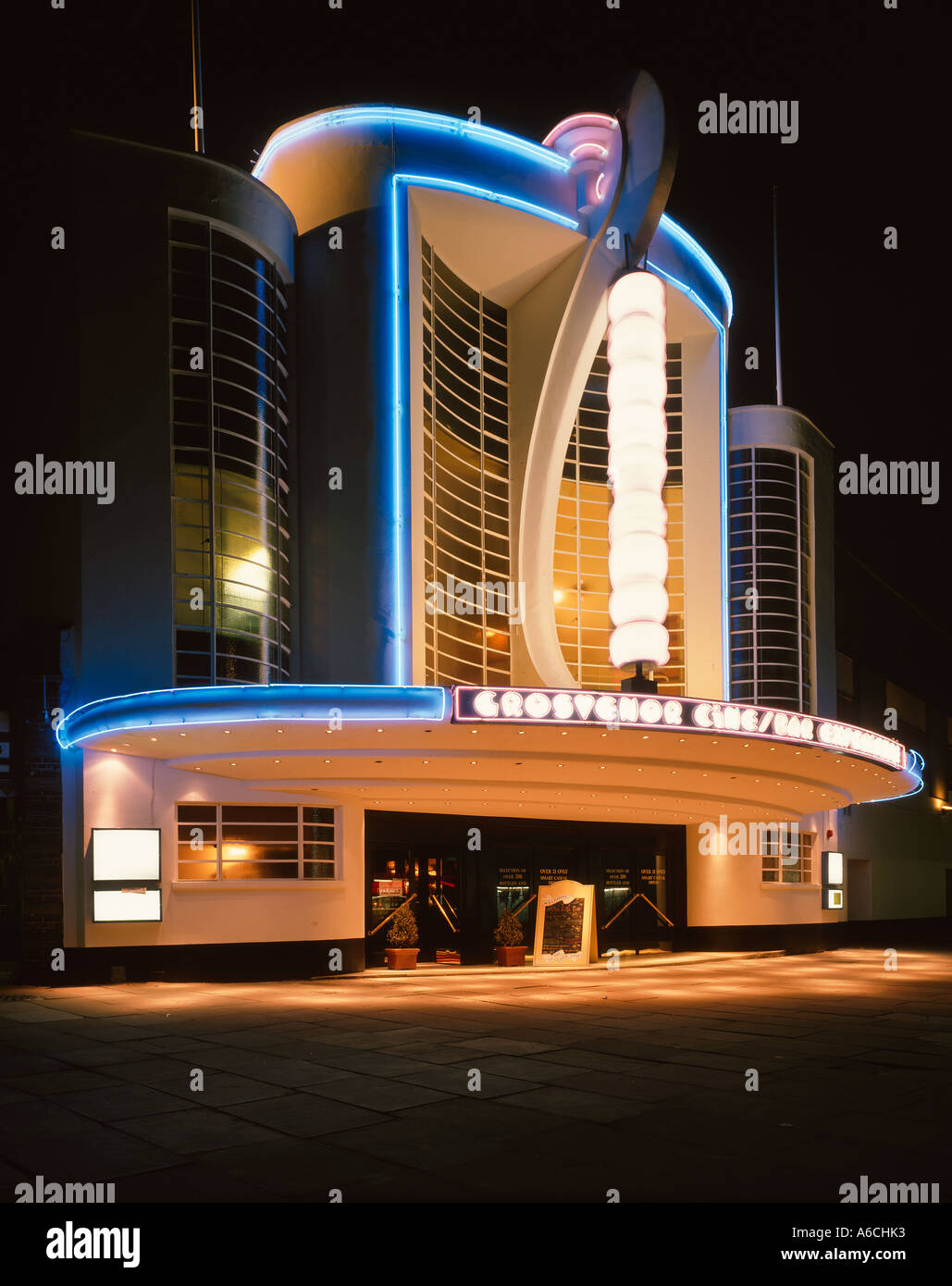 1930’s Art Deco cinema at Rayners Lane with flourescent lights Stock