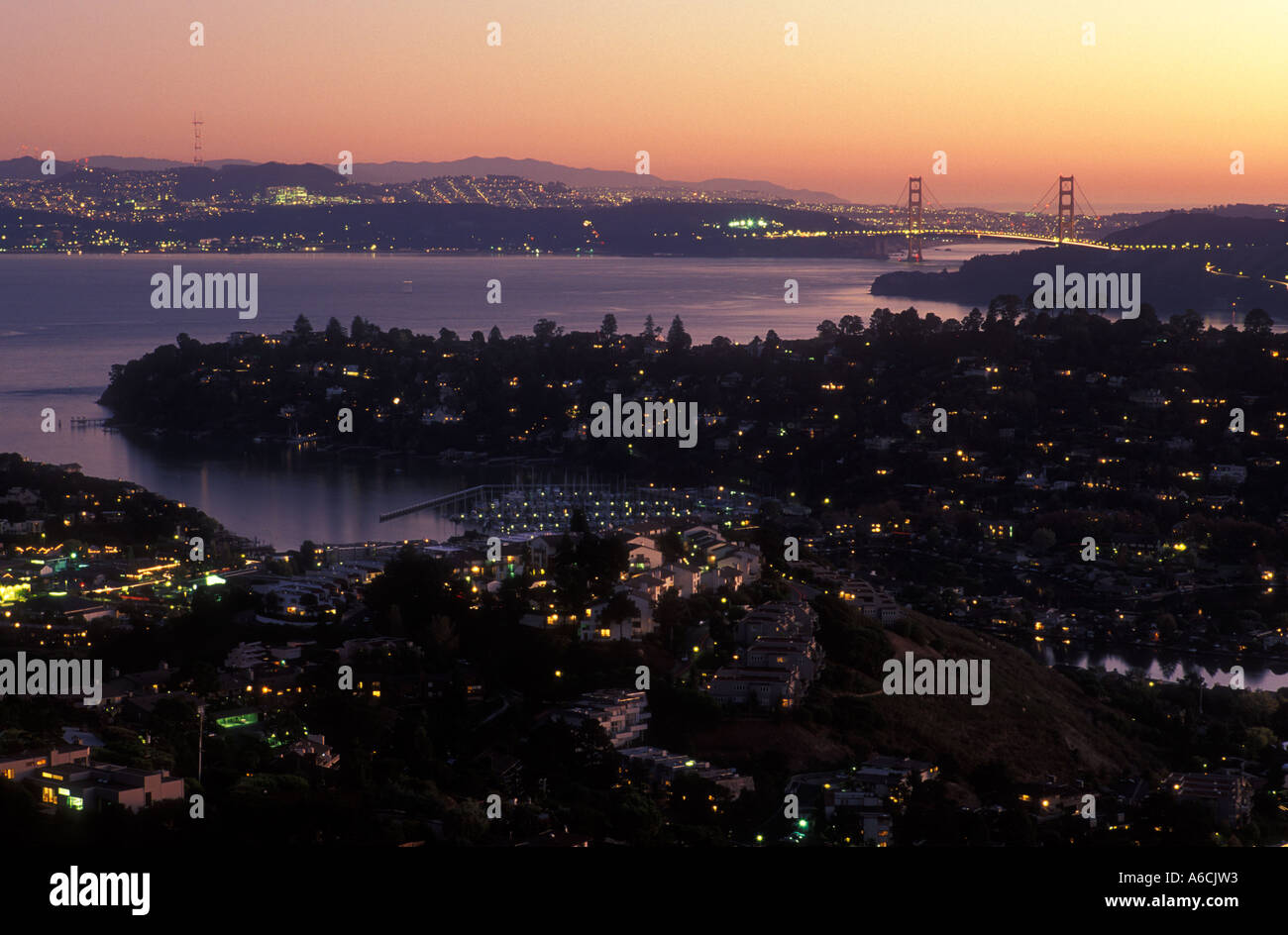 USA California Tiburon view of San Francisco San Francisco Bay and the Golden Gate Bridge from Tiburon Stock Photo