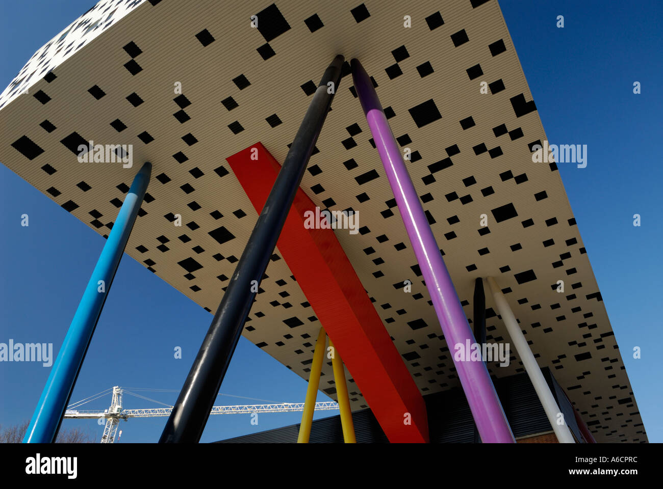 Sharp Centre for Design checkered table top building on colored stilts