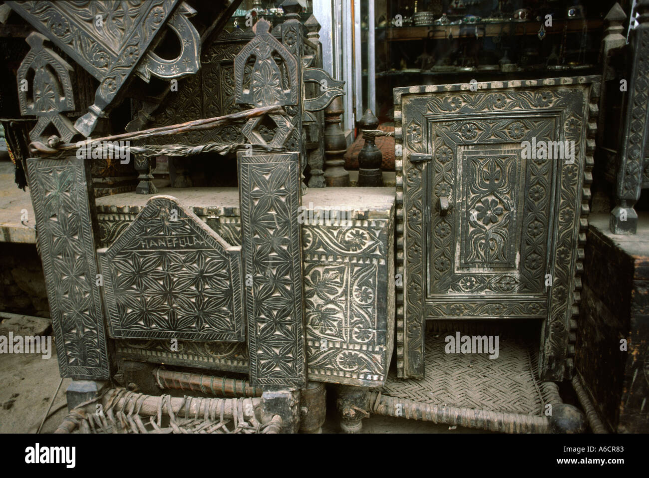 Pakistan Swat Valley Mingora Bazaar old Swat furniture on sale Stock Photo
