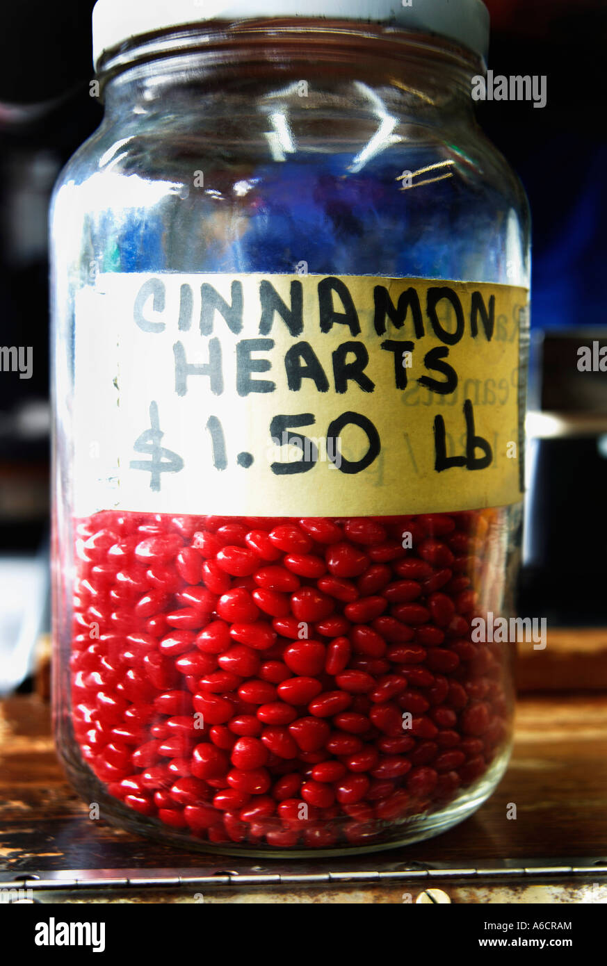Jar of Cinnamon Hearts Stock Photo Alamy