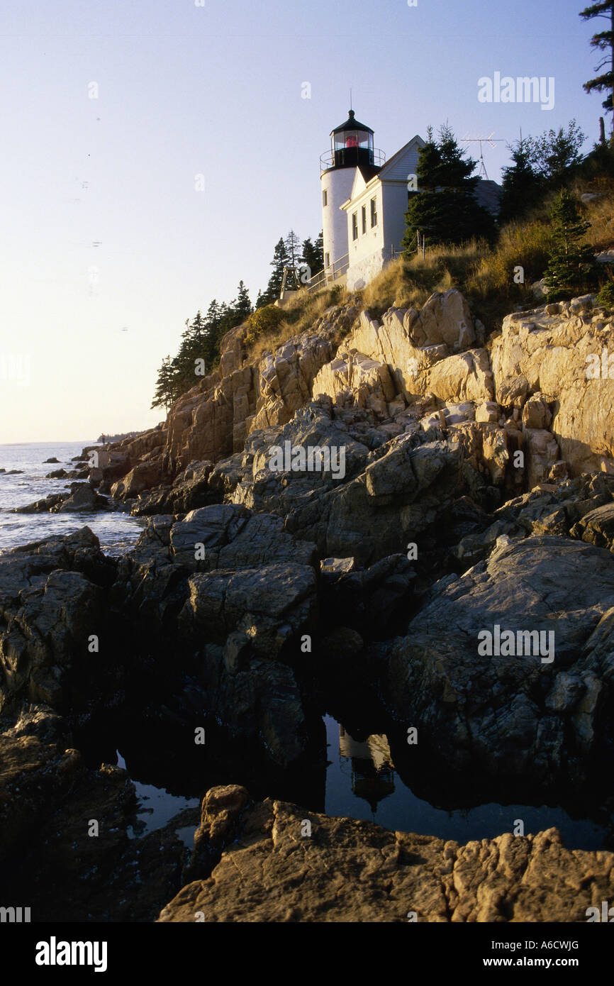 Low angle view of a lighthouse on a cliff, Bass Head Lighthouse, Mount Desert Island, Maine, USA Stock Photo