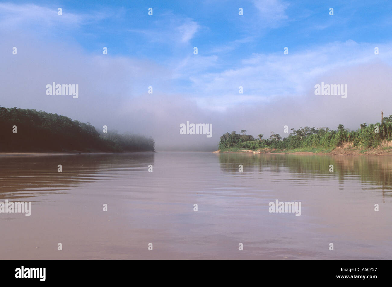 Mist clearing from the Purus River Amazon rainforest Acre Brazil Stock